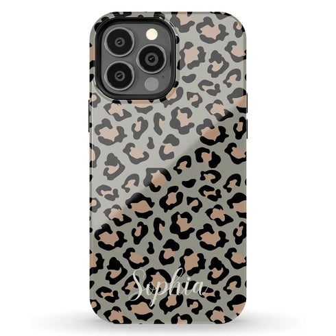 Custom Name Grey & Peach Leopard iPhone Case